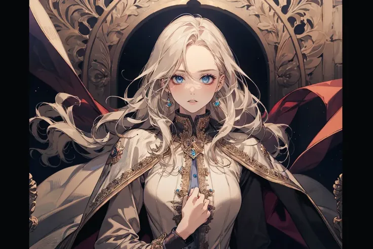 1girl, blue_eyes, breasts, cape, cloak, earrings, jacket_on_shoulders, jewelry, long_hair, long_sleeves, looking_at_viewer, medium_breasts, parted_lips, solo, upper_body