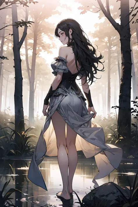 (absurdres, highres, ultra detailed), (official art, extremely detailed CG unity 8k wallpaper, beautiful and aesthetic:1.2), (1girl:1.3), extremely detailed,
((a sense of wonder with atmosphere of the misty)),
background of a misty swamp, (BREAK misty_field:1.4), BREAK shrouded thick veil of fog, BREAK moss-covered rock, BREAK towering trees rise majestically from the murky waters,
((from back, back head)), ((head to forward:1.7)), walking forward to swamp, (long_legs:1.5), (long hair:1.5), straight hair, barefoot, model,