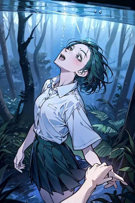 (masterpiece, best quality), 1girl, open mouth, white shirt, green clothes, pleated skirt, looking up, forest, dark clouds, raining, phblue, scenery, blue theme, light from above, beam of light, natural lighting, underwater, furrystyle,