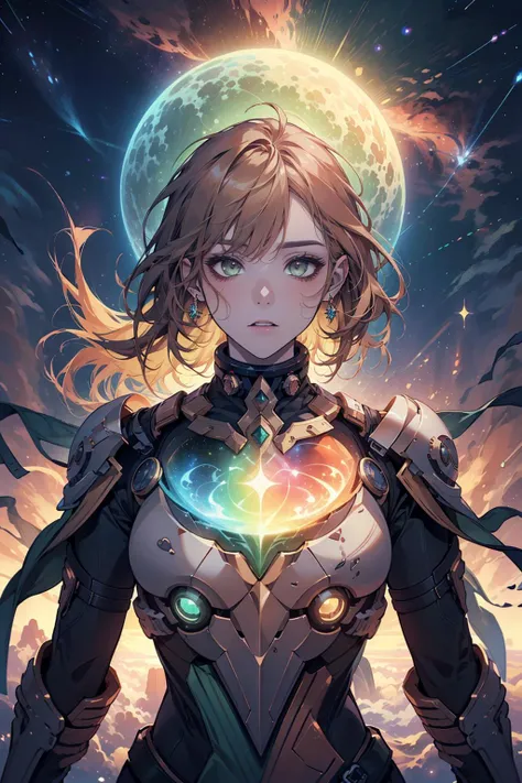 (masterpiece), (best quality), (official art, extremely detailed CG unity 8k wallpaper), (highly detailed), ((absurdres)),
1 girl, adult woman, jade eyes, ginger shaggy hair,
(style-swirlmagic:0.7), solo, upper body, looking at viewer, detailed background, detailed face, (<lora:solarpunkai_v20:0.6>, green-powered, solarpunk theme:1.1) living star constellation, star sign, calm composure, benign, gemini, patterns, interstellar , nebula, glow, aura, bloom, transcendence, floating particles, stardust, cosmic space background, ethereal atmosphere,
<lora:adventurers_v1:0.4>,