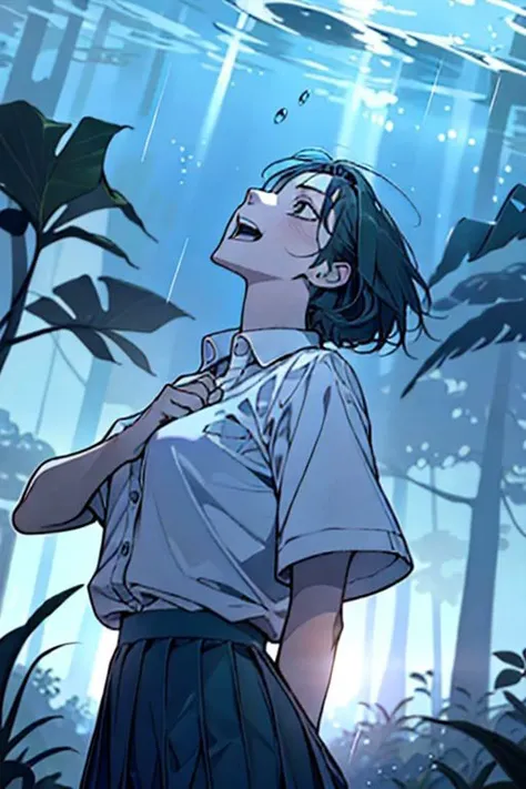 (masterpiece, best quality), 1girl, open mouth, white shirt, green clothes, pleated skirt, looking up, forest, dark clouds, raining, phblue, scenery, blue theme, light from above, beam of light, natural lighting, underwater, furrystyle,
