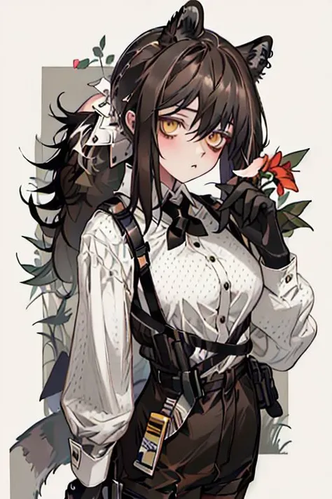 (masterpiece, best quality), 1girl, robin \(arknights\), raccoon ears, raccoon girl, raccoon tail, animal hands, brown hair, hair between eyes, long hair, ponytail, yellow eyes, breasts, white collared shirt, polka dot shirt, cross tie, long sleeves, brown shorts, legwear under shorts, upper body, holding flower, red flower, closed eyes, close-up
