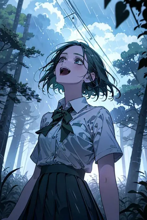 (masterpiece, best quality), 1girl, open mouth, white shirt, green clothes, pleated skirt, looking up, forest, dark clouds, raining, phblue, scenery, blue theme, light from above,