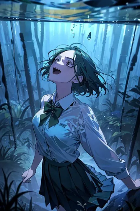 (masterpiece, best quality), 1girl, open mouth, white shirt, green clothes, pleated skirt, looking up, forest, dark clouds, raining, phblue, scenery, blue theme, light from above, underwater,