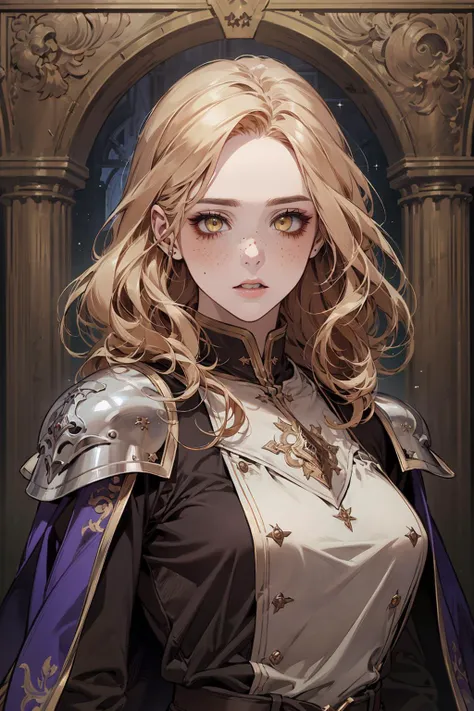 (masterpiece), (best quality), (official art, extremely detailed CG unity 8k wallpaper), (highly detailed), ((absurdres)),
1 girl, adult (elven:0.7) woman, freckles, yellow eyes, auburn messy hair,
solo, upper body, looking at viewer, detailed background, detailed face, (warcraft theme:1.1), defender, standing firm, steadfast, emblem, dark purple banner, town square in background, fortified, medieval atmosphere,