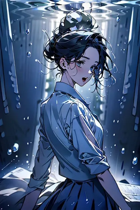 (masterpiece, best quality), 1girl, open mouth, ponytail, white shirt, green clothes, pleated skirt, looking up, forest, dark clouds, raining, phblue, scenery, blue theme, light from above, beam of light, natural lighting, underwater, spotlight,