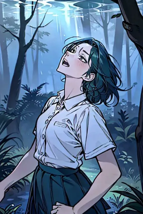 (masterpiece, best quality), 1girl, open mouth, white shirt, green clothes, pleated skirt, looking up, forest, dark clouds, raining, phblue, scenery, blue theme, light from above, beam of light, natural lighting, underwater, furrystyle,