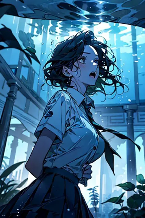 (masterpiece, best quality), 1girl, open mouth, white shirt, green clothes, pleated skirt, looking up, forest, dark clouds, raining, phblue, scenery, blue theme, light from above, beam of light, natural lighting, underwater, furrystyle,