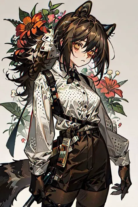 (masterpiece, best quality), 1girl, robin \(arknights\), raccoon ears, raccoon girl, raccoon tail, brown hair, hair between eyes, long hair, ponytail, yellow eyes, breasts, animal hands, white collared shirt, polka dot shirt, cross tie, long sleeves, brown shorts, legwear under shorts, brown pantyhose, flowers, red flowers,