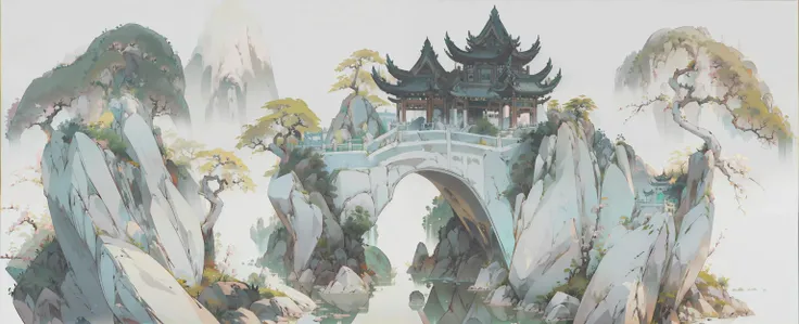 (Ultra wide-angle lens), (Best masterpiece), 8K, An ancient Chinese town nestled in mountains and hills, with lush trees, verdant leaves, murmuring streams. The visuals are exquisite and beautiful, brimming with sunshine.(white background:1.5),white background,outside border <lora:huaniao:0.5> <lora:sceneConcept_s_v2:0.5><lora:standingFullBodyWithBackgroundStyle_v10Offset:0.8> <lora:ShanShuiHua_v16:1>