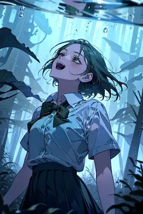 (masterpiece, best quality), 1girl, open mouth, white shirt, green clothes, pleated skirt, looking up, forest, dark clouds, raining, phblue, scenery, blue theme, light from above, underwater,