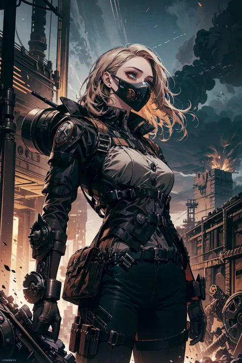 (masterpiece), (best quality), (official art, extremely detailed CG unity 8k wallpaper), (highly detailed), ((absurdres)),
1 girl, adult polish woman, freckles, turquoise eyes, brown crimped hair,
(style-swirlmagic:0.9), portrait, (bloody wounds:0.7), looking up, solo, (full body:0.6), detailed background, (<lora:ConstructionyardAIV3:0.6>, constructionyardai theme:1.1) steampunk mask, dynamic pose, dark clouds engineer, floating screws, purple leather vest with straps, techwear, jetpack, goggles, war machines on battlefield in background, gears, industry, technology, soot, anvil, buttons, rivets, electric sparks epic atmosphere,
<lora:hipoly3DModelLora_v10:0.1> <hypernet:sxzBloom_sxzBloom:0.1>,