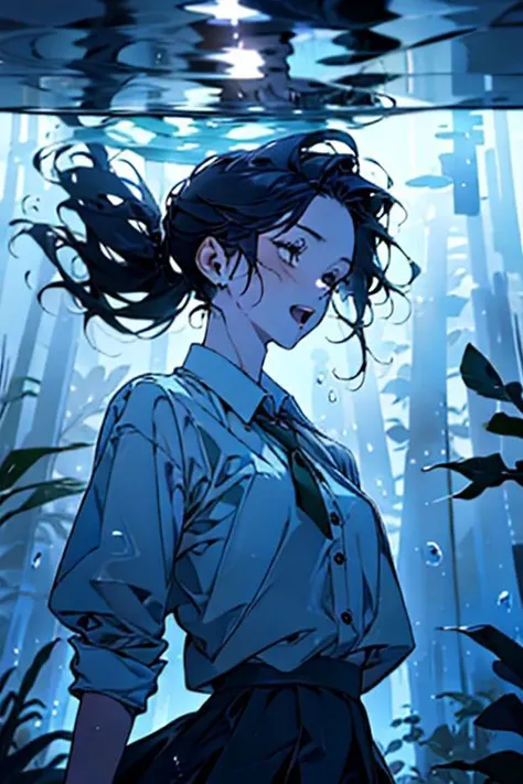 (masterpiece, best quality), 1girl, open mouth, ponytail, white shirt, green clothes, pleated skirt, looking up, forest, dark clouds, raining, phblue, scenery, blue theme, light from above, beam of light, natural lighting, underwater, furrystyle,