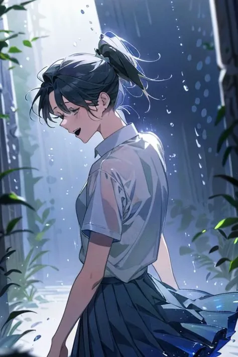 (masterpiece, best quality), 1girl, open mouth, ponytail, white shirt, green clothes, pleated skirt, looking up, forest, dark clouds, raining, phblue, scenery, blue theme, light from above, beam of light, natural lighting, underwater, spotlight, maenoo, semi-realistic artstyle, vibrant, soft shading, expressive