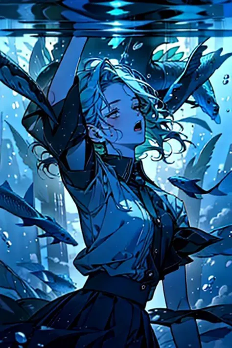 (masterpiece, best quality), 1girl, open mouth, white shirt, green clothes, pleated skirt, looking up, forest, dark clouds, raining, phblue, scenery, blue theme, light from above, beam of light, natural lighting, underwater, furrystyle,