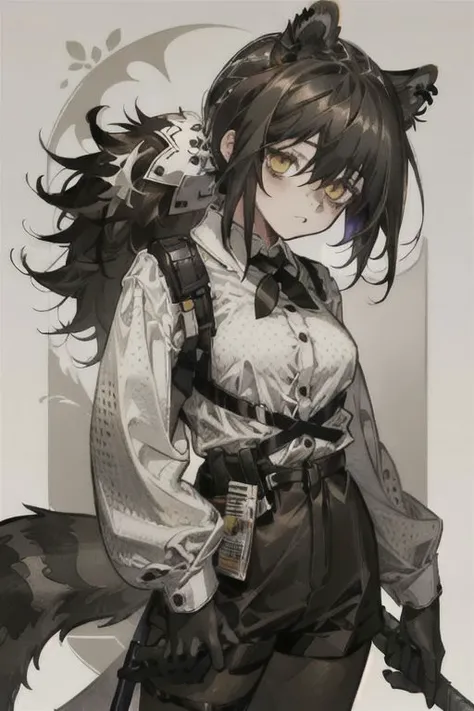 (masterpiece, best quality), 1girl, robin \(arknights\), raccoon ears, raccoon girl, raccoon tail, brown hair, hair between eyes, long hair, ponytail, yellow eyes, breasts, animal hands, white collared shirt, polka dot shirt, cross tie, long sleeves, brown shorts, legwear under shorts, brown pantyhose,