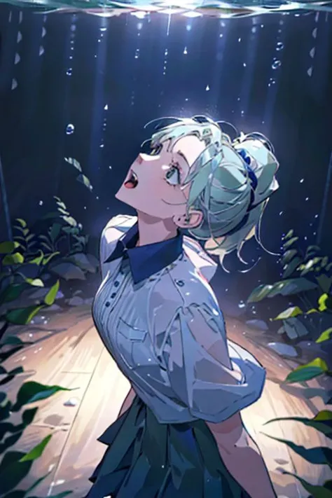 (masterpiece, best quality), 1girl, open mouth, ponytail, white shirt, green clothes, pleated skirt, looking up, forest, dark clouds, raining, phblue, scenery, blue theme, light from above, beam of light, natural lighting, underwater, spotlight, aetherion