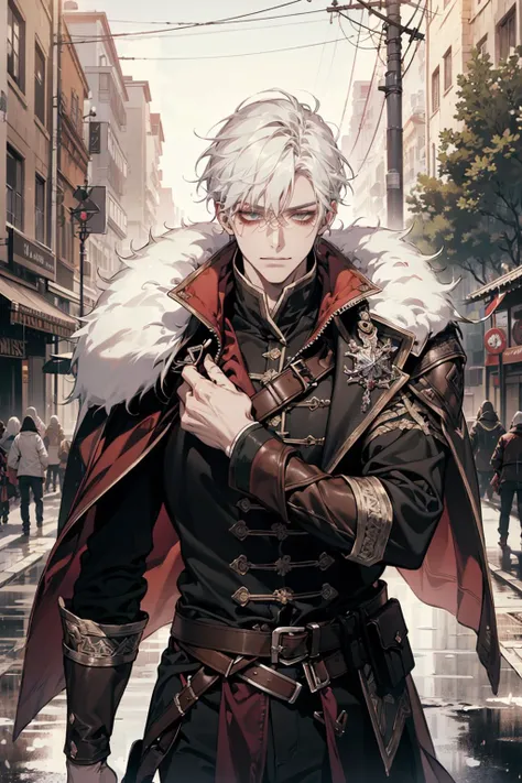 (masterpiece), (best quality), (official art, extremely detailed CG unity 8k wallpaper), (highly detailed), ((absurdres)),
(1man, old ancient greek male:1.2), wise, coral eyes, white hair, blunt cut,
portrait, (bloody scars:0.7), looking down, solo, half shot, detailed background, smirking, assassins creed, assassin, white tattered leather assassin clothes, hood, capelet, leather pouches, small knives, rebel, dynamic pose, fighting, nordic viking setting, norse tribal clothing, nature, evergreens, furs, Scandinavia, street in background, rain,
<lora:grullborgCopycat_grullborgStyleR8V4:0.3>,
