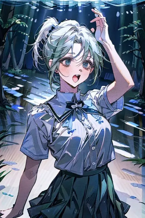 (masterpiece, best quality), 1girl, open mouth, ponytail, white shirt, green clothes, pleated skirt, looking up, forest, dark clouds, raining, phblue, scenery, blue theme, light from above, beam of light, natural lighting, underwater, spotlight,