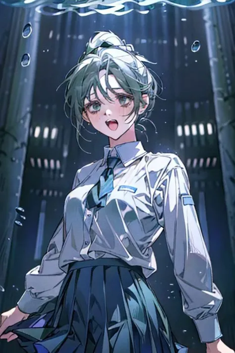 (masterpiece, best quality), 1girl, open mouth, ponytail, white shirt, green clothes, pleated skirt, looking up, forest, dark clouds, raining, phblue, scenery, blue theme, light from above, beam of light, natural lighting, underwater, spotlight,