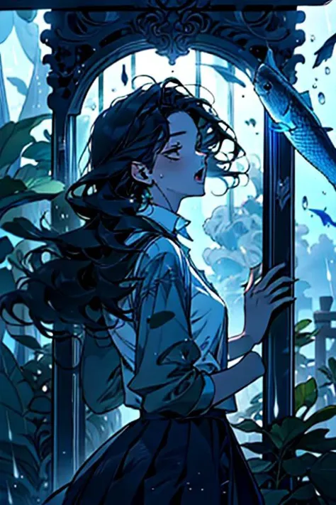 (masterpiece, best quality), 1girl, open mouth, white shirt, green clothes, pleated skirt, looking up, forest, dark clouds, raining, phblue, scenery, blue theme, light from above, beam of light, natural lighting, underwater, furrystyle,