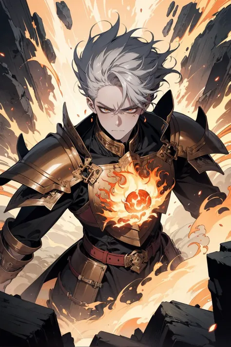(masterpiece), (best quality), (official art, extremely detailed CG unity 8k wallpaper), (highly detailed), ((absurdres)),
(1man, thin adult russian male:1.2),  coral eyes, white hair, comb over,
portrait, solo, half shot, detailed background, detailed face, ( dark fantasy theme:1.1)   angry expression, elemental fiery armored fighter, [heavy armor:molten rock:2], engulfed in flames, ruby gemstone,  lava, cracks, steam, dynamic pose,   floating particles, rocks, firestorm in background, <lora:FirevfxCreateMore_v2:0.3>, (style-swirlmagic:0.8), cinematic fiery atmoshpere,