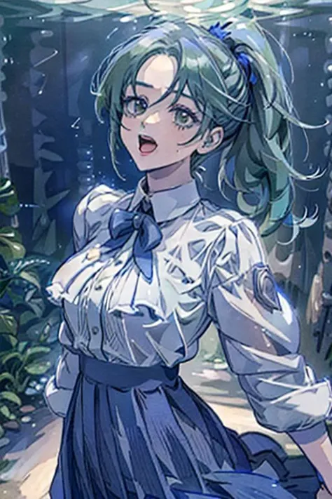 (masterpiece, best quality), 1girl, open mouth, ponytail, white shirt, green clothes, pleated skirt, looking up, forest, dark clouds, raining, phblue, scenery, blue theme, light from above, beam of light, natural lighting, underwater, spotlight,