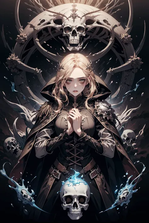 (masterpiece), (best quality), (official art, extremely detailed CG unity 8k wallpaper), (highly detailed), ((absurdres)),
1 girl, adult (elven:0.7) woman, freckles, amber eyes, natural blonde straight hair,
(style-swirlmagic:1.0), portrait, (<lora:boneyardai_v10:0.4>, BoneyardAI, bone theme:1.1) (bloody scars:0.7), looking down, solo, (full body:0.6), dynamic pose, detailed background, madness in eyes, hovering in the air, sovereign of the night, corrupted, runny makeup, dim lighting, casting a spell, curse of undeath, hooded vestments of the night, dark circlet, abandoned ruins, sinister atmosphere,, bringer of the false light, dark magic, dark clouds, floating shards of ice, decadence, dark aura, chains, consuming darkness, evil symbols, summoning circle,
<lora:hipoly3DModelLora_v10:0.1> <hypernet:sxzBloom_sxzBloom:0.1>,