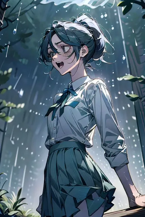 (masterpiece, best quality), 1girl, open mouth, ponytail, white shirt, green clothes, pleated skirt, looking up, forest, dark clouds, raining, phblue, scenery, blue theme, light from above, beam of light, natural lighting, underwater, spotlight, AGGA_ST011,
