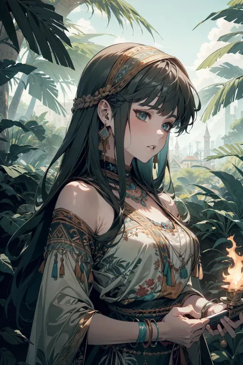 (masterpiece), (best quality), (official art, extremely detailed CG unity 8k wallpaper), (highly detailed), ((absurdres)),
__character-__
solo, upper body, looking at viewer, detailed background, detailed face, (<lora:BohoAI:0.6>, bohoai, boho theme:1.1) feral jungle warrior, blue tribal clothing, obsidian, bloodthirsty, tropical climate, dynamic pose, stone knife, poisonous plants, rocks, fronds, exotic, village in background, torchlight, cinematic atmosphere,