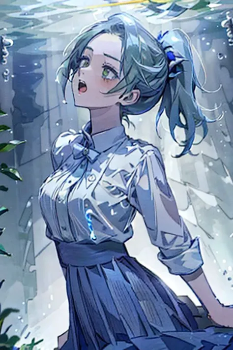 (masterpiece, best quality), 1girl, open mouth, ponytail, white shirt, green clothes, pleated skirt, looking up, forest, dark clouds, raining, phblue, scenery, blue theme, light from above, beam of light, natural lighting, underwater, spotlight,