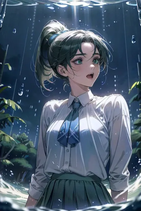 (masterpiece, best quality), 1girl, open mouth, ponytail, white shirt, green clothes, pleated skirt, looking up, forest, dark clouds, raining, phblue, scenery, blue theme, light from above, beam of light, natural lighting, underwater, spotlight, kittew, soft shading, charming face, semi-realistic, detailed shading