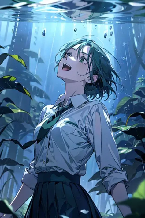 (masterpiece, best quality), 1girl, open mouth, white shirt, green clothes, pleated skirt, looking up, forest, dark clouds, raining, phblue, scenery, blue theme, light from above, beam of light, natural lighting, underwater,