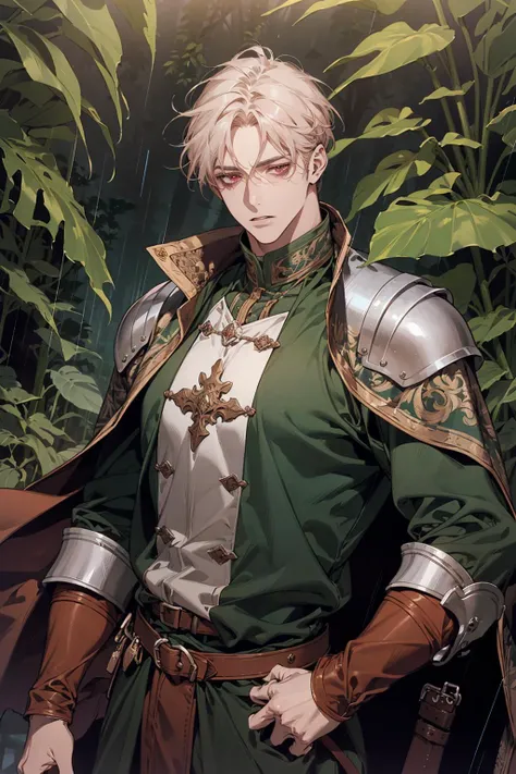 (masterpiece), (best quality), (official art, extremely detailed CG unity 8k wallpaper), (highly detailed), ((absurdres)),
(1man, masculine adult ancient greek male:1.2), pink eyes, chestnut hair, shaved head,
looking down, solo, half shot, detailed background, detailed face, (high fantasy medieval theme:1.1) hunter, dynamic pose, medieval fantasy setting, high fantasy, brown furred leather clothes, capelet, serene forest, bushes, vines, creek, moss, ferns, wildlife, arrows in quiver, rain,