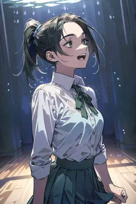 (masterpiece, best quality), 1girl, open mouth, ponytail, white shirt, green clothes, pleated skirt, looking up, forest, dark clouds, raining, phblue, scenery, blue theme, light from above, beam of light, natural lighting, underwater, spotlight, agawa, vibrant colors, warm palette, expressive, solid shading, clean lineart
