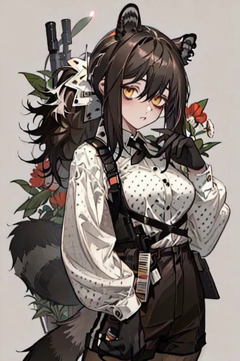 (masterpiece, best quality), 1girl, robin \(arknights\), raccoon ears, raccoon girl, raccoon tail, animal hands, brown hair, hair between eyes, long hair, ponytail, yellow eyes, breasts, white collared shirt, polka dot shirt, cross tie, long sleeves, brown shorts, legwear under shorts, upper body, holding flower, red flower, closed eyes, close-up