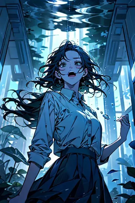 (masterpiece, best quality), 1girl, open mouth, white shirt, green clothes, pleated skirt, looking up, forest, dark clouds, raining, phblue, scenery, blue theme, light from above, beam of light, natural lighting, underwater, furrystyle,