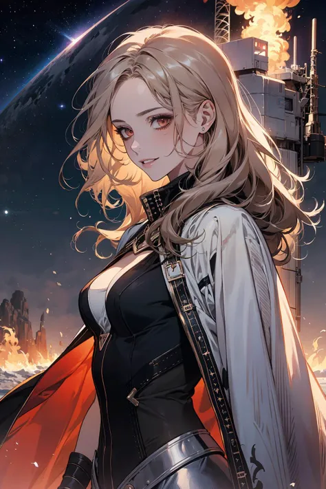 (masterpiece), (best quality), (official art, extremely detailed CG unity 8k wallpaper), (highly detailed), ((absurdres)),
1 girl, adult (elven:0.7) woman, dark brown eyes, dark blonde beach waves hair,
(bloody scars:0.7), looking at viewer, solo, (full body:0.6), detailed background, close up, ( ice theme:1.1), superhero, light smile, fighting stance, cape, outer space, stars, planet, comets, weightless, galaxy, flying, spacecraft, debris, flames, explosions, cinematic atmosphere,