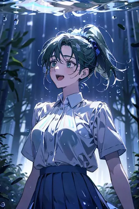 (masterpiece, best quality), 1girl, open mouth, ponytail, white shirt, green clothes, pleated skirt, looking up, forest, dark clouds, raining, phblue, scenery, blue theme, light from above, beam of light, natural lighting, underwater, spotlight,