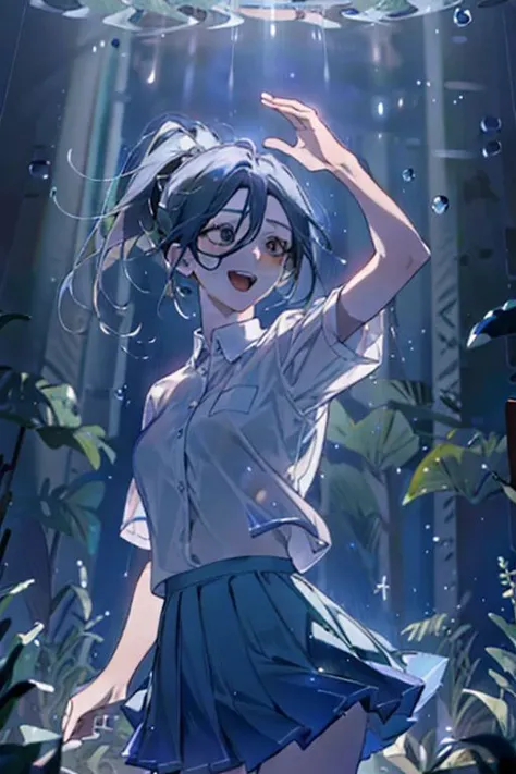(masterpiece, best quality), 1girl, open mouth, ponytail, white shirt, green clothes, pleated skirt, looking up, forest, dark clouds, raining, phblue, scenery, blue theme, light from above, beam of light, natural lighting, underwater, spotlight, nanoless