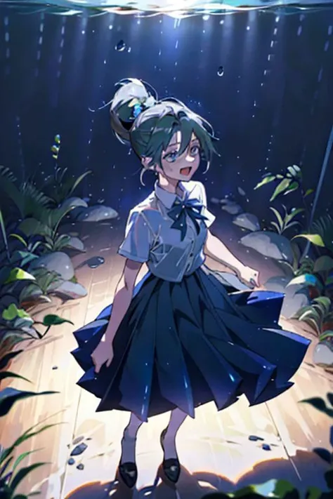 (masterpiece, best quality), 1girl, open mouth, ponytail, white shirt, green clothes, pleated skirt, looking up, forest, dark clouds, raining, phblue, scenery, blue theme, light from above, beam of light, natural lighting, underwater, spotlight, aetherion