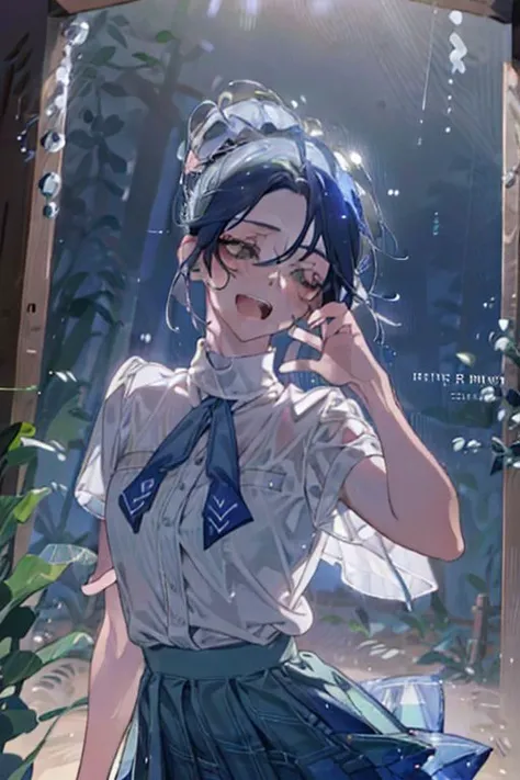 (masterpiece, best quality), 1girl, open mouth, ponytail, white shirt, green clothes, pleated skirt, looking up, forest, dark clouds, raining, phblue, scenery, blue theme, light from above, beam of light, natural lighting, underwater, spotlight, nanoless