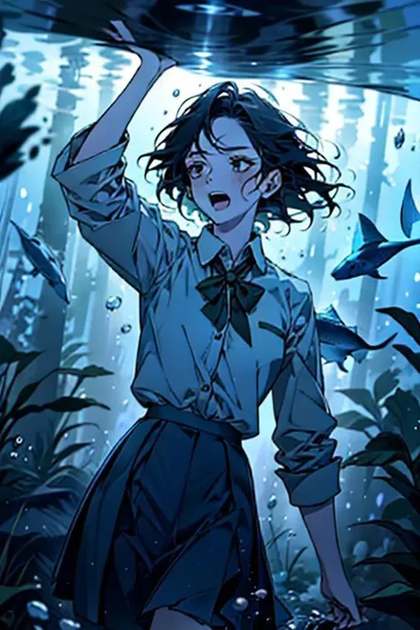 (masterpiece, best quality), 1girl, open mouth, white shirt, green clothes, pleated skirt, looking up, forest, dark clouds, raining, phblue, scenery, blue theme, light from above, beam of light, natural lighting, underwater, furrystyle,