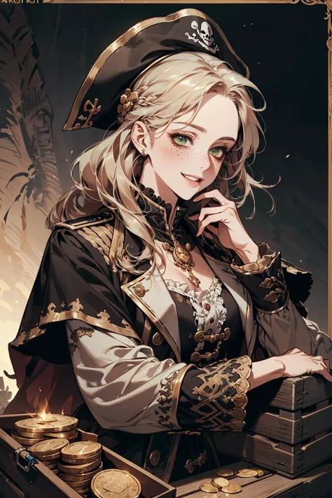 (masterpiece), (best quality), (official art, extremely detailed CG unity 8k wallpaper), (highly detailed), ((absurdres)),
1 girl, adult italian woman, green eyes, ginger prom hairstyle,
<lora:piratepunkai_v10:0.3>, piratepunkai, realistic skin, character focus, portrait, freckles, looking down, solo, upper body, detailed background, greedy smile, pirate, tattered, weathered privateer captain outfit, tattoos, fantasy theme, dark pirate cave, shallow water, bones, flying gold coins, heaps of gold coins, too much coin to count, wooden crates, treasure chests, weapons, compass, rum, treasure, cannonballs,