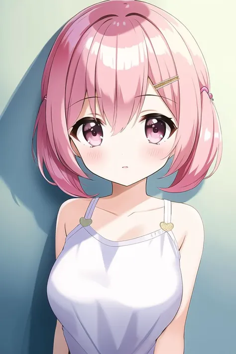 masterpiece, best quality, high quality, 1 cute girl, short hair, twintails, pink hair, breasts, hair ornament,