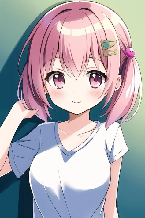 masterpiece, best quality, high quality, 1 cute girl, short hair, twintails, pink hair, breasts, hair ornament,