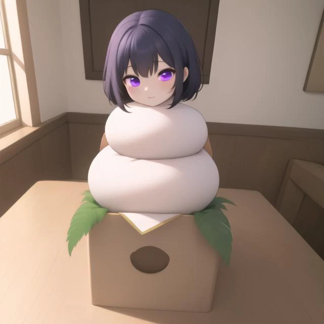 ((girl made of sticky rice cake:1.2),(sticky white skin:1.2),1orange on girl's head), (masterpiece:1.2), ultra detail, best quality, smile,(kagamimochi:1.2), head on rice cake, open mouth, (((rice cakes stacked layer by layer:1.3), (orange ball on rice cake:1.2))), ,((on square wooden base:1.2), a pair fern, paper between rice cake to wooden base),(tatami,japanese livingroom kotatsu),
<lora:kagamimochi-002_0.7:1.2>