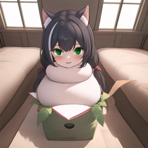 karyl,green eyes, cat ears, black hair, angry, open mouth,
((girl made of sticky rice cake:1.2),(sticky white skin:1.2)), (masterpiece:1.2), ultra detail, best quality, smile,(kagamimochi:1.2), head on rice cake, open mouth, (((rice cakes stacked layer by layer:1.3), (orange ball on girl's head:1.2))), ,((on square wooden base:1.2), a pair fern, paper between rice cake to wooden base),(tatami,japanese livingroom kotatsu),
<lora:kagamimochi-002_0.7:1.3><lora:KarylChanV1.1-000009:0.9>