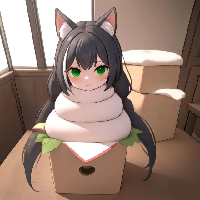 karyl,green eyes, cat ears, black hair, ((angry, open mouth)),
((girl made of sticky rice cake:1.2),(sticky white skin:1.2)), (masterpiece:1.2), ultra detail, best quality, smile,(kagamimochi:1.2), head on rice cake, open mouth, (((rice cakes stacked layer by layer:1.3), (orange ball on girl's head:1.2))), ,((on square wooden base:1.2), a pair fern, paper between rice cake to wooden base),(tatami,japanese livingroom kotatsu),
<lora:kagamimochi-002_0.7:1.3><lora:KarylChanV1.1-000009:0.8>