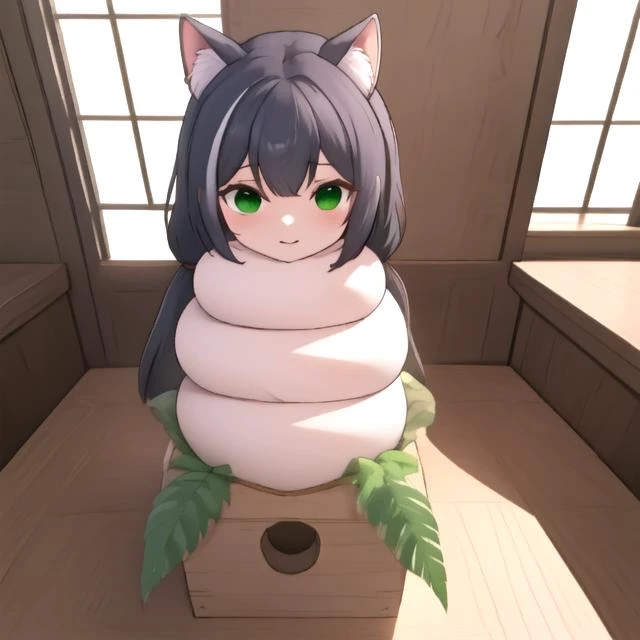 karyl,green eyes, cat ears, black hair, ((angry, open mouth)),
((girl made of sticky rice cake:1.2),(sticky white skin:1.2)), (masterpiece:1.2), ultra detail, best quality, smile,(kagamimochi:1.2), head on rice cake, open mouth, (((rice cakes stacked layer by layer:1.3), (orange ball on girl's head:1.2))), ,((on square wooden base:1.2), a pair fern, paper between rice cake to wooden base),(tatami,japanese livingroom kotatsu),
<lora:kagamimochi-002_0.7:1.3><lora:KarylChanV1.1-000009:0.8>